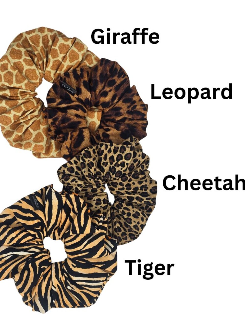 4 Handmade Luxurious Tiger, Giraffe, Leopard and Cheetah Fabric Scrunchies
